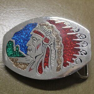 Vintage Indian Chief Belt Buckle – Chrome – Colorful Headdress – Western Style –
